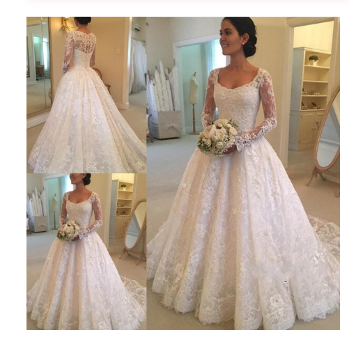 A-Line Lace Appliques V Neck Tulle Long Sleeve Ivory Covered Buttons Wedding Dresses RS327