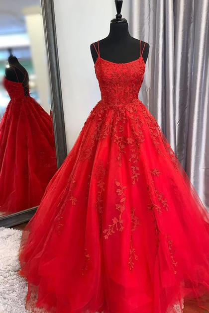Princess Spaghetti Straps A Line Appliques Tulle Lace up Pink Prom Dresses SRS15305