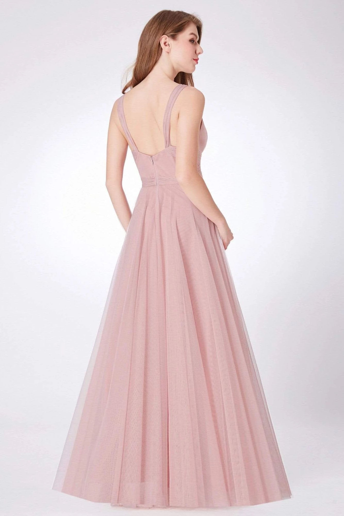Simple A Line Pink V Neck Tulle Sleeveless Prom Dresses Long Bridesmaid Dresses SRS15383