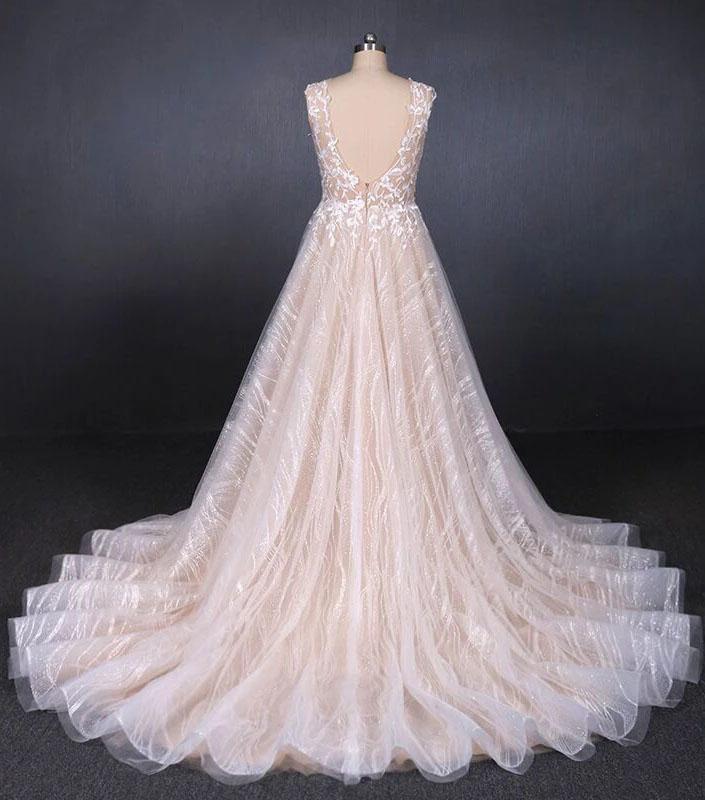Puffy Lace Off White Wedding Dresses, Elegant A Line Backless Bridal Dresses SRS15311