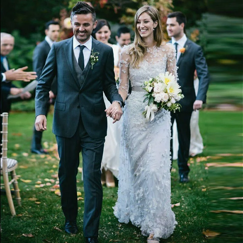 Pretty Long Open Back Half Sleeves Elegant Prom Dresses Wedding Dresses