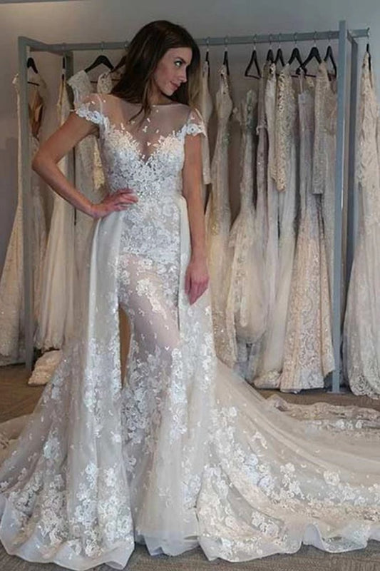 Gorgeous Cap Sleeves Sheer Neck Long Wedding Dress With Detachable SRSPLAP8XH8