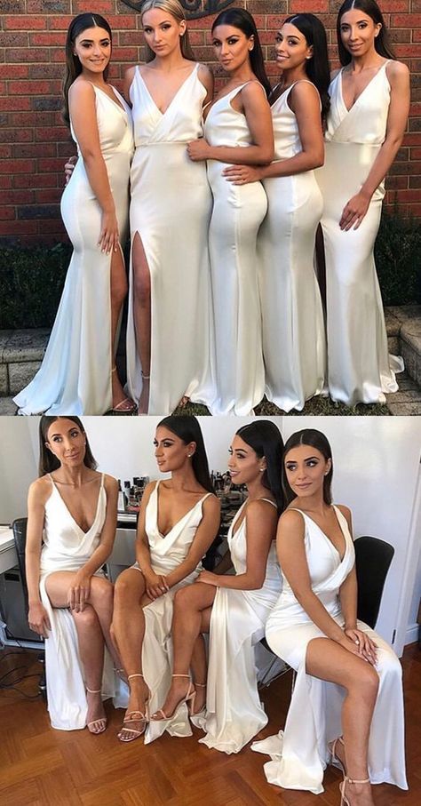 Sexy Mermaid Ivory V Neck Split Long Bridesmaid Dresses Sleeveless Prom Dresses RS918