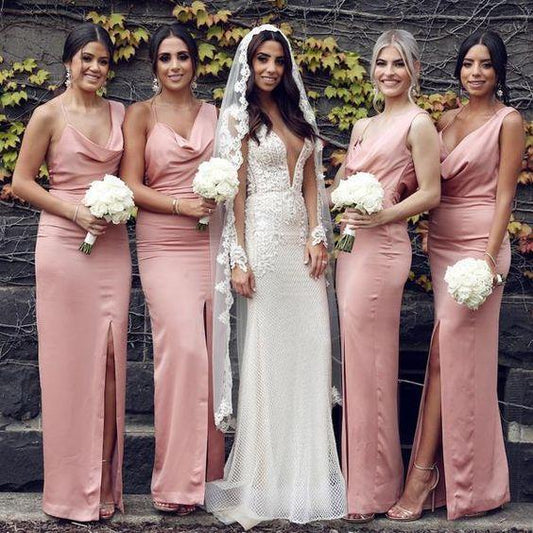 Sexy Mermaid Slit Backless Bridesmaid Dress Long Spaghetti Straps Bridesmaid Dress RS916