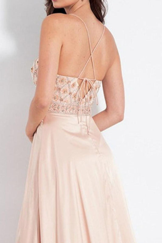 Modest Spaghetti Straps Long V-Neck Open Back Pink Beading Prom Dresses