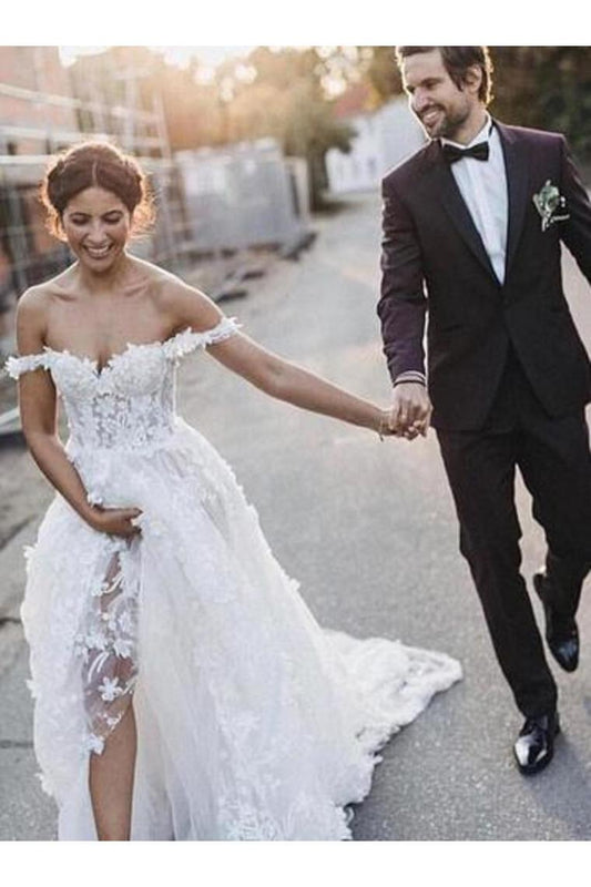A-Line Off-The-Shoulder Boho Wedding Dress With Appliques