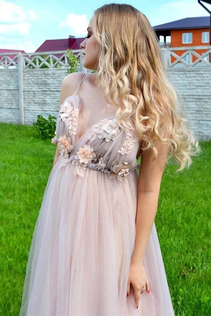 Elegant A Line Spaghetti Straps V Neck Prom Dress With Handmade Flowers, Bridesmaid Dress SRS15577