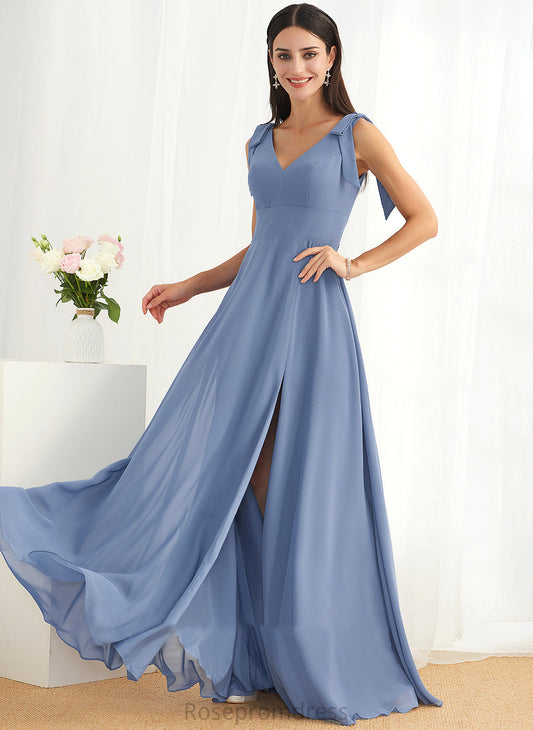 Floor-Length V-neck A-Line Fabric Neckline Silhouette Bow(s) Embellishment Length SplitFront Monique Sleeveless Bridesmaid Dresses