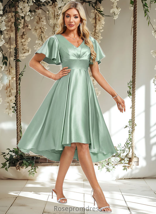 Tracy A-line V-Neck Asymmetrical Stretch Satin Bridesmaid Dress With Ruffle DSP0025772
