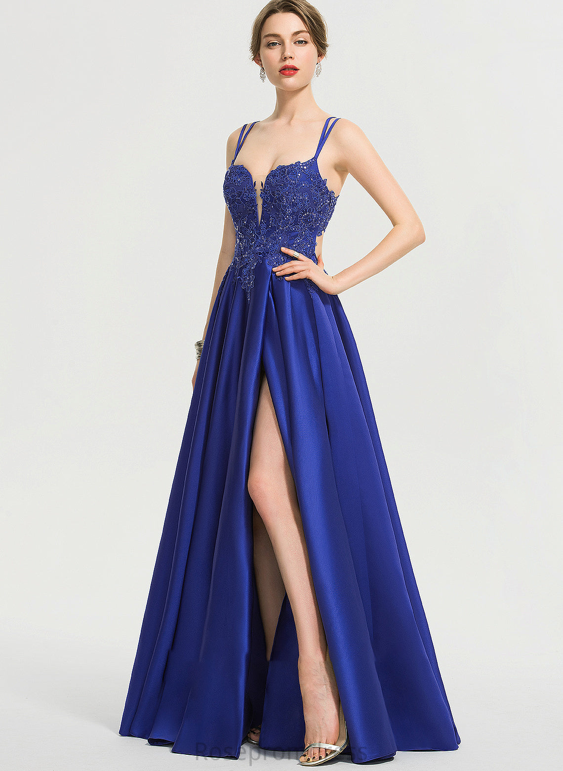 Sequins Front Floor-Length With Prom Dresses Split Ball-Gown/Princess Miley Satin V-neck