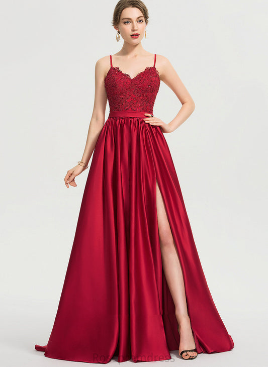 Satin Ball-Gown/Princess V-neck Front Prom Dresses Train Adyson Beading Split Sweep Sequins With