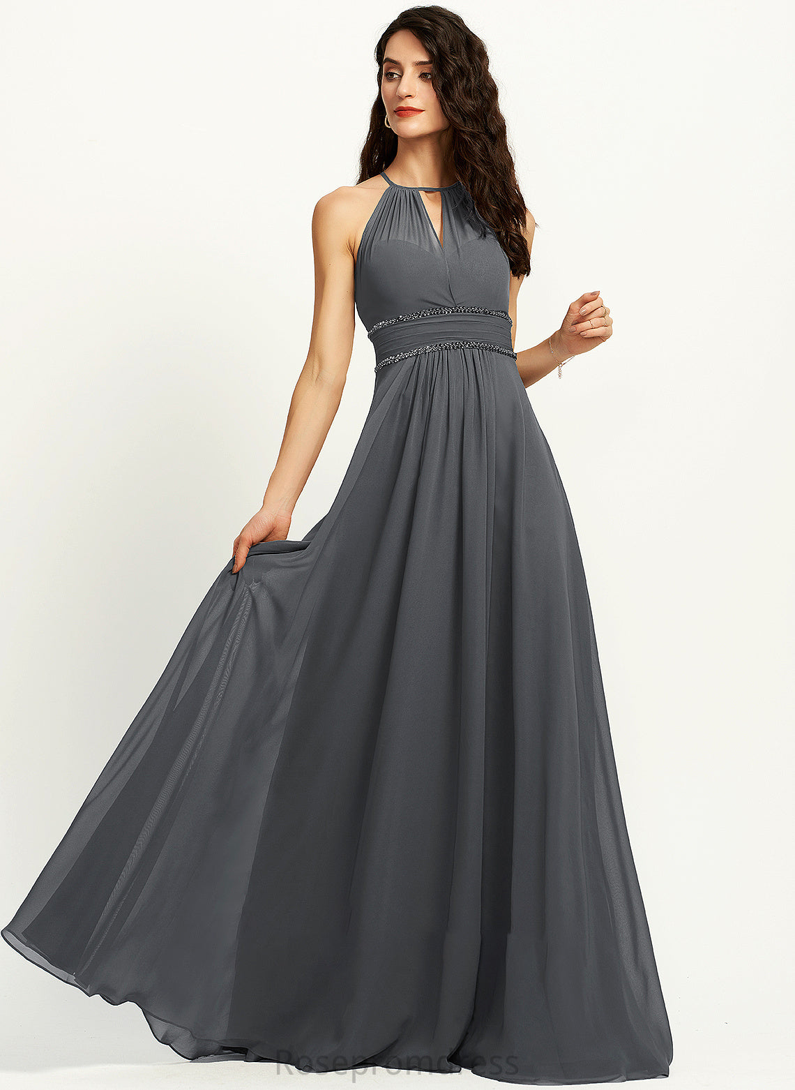 Floor-Length Halter Fabric Length Ruffle A-Line Silhouette Embellishment Beading Neckline Sequins Madelynn Bridesmaid Dresses