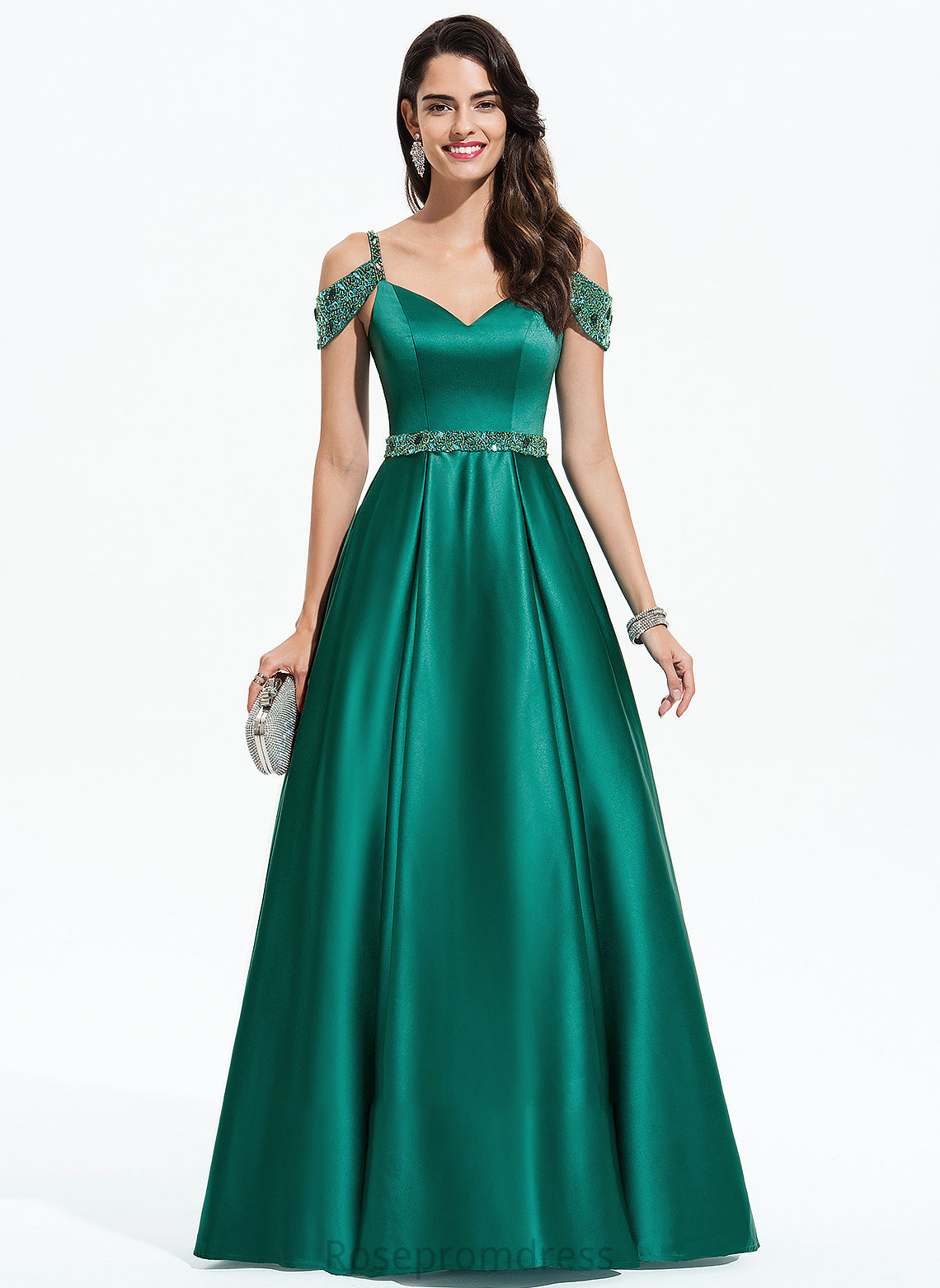 Sequins V-neck Floor-Length Prom Dresses Beading Ball-Gown/Princess With Imani Satin