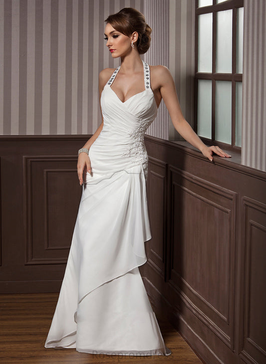 Sheath/Column Floor-Length Wedding Dress Satin Wedding Dresses Beading Sequins Halter Appliques Chiffon With Ruffle Lilian Lace