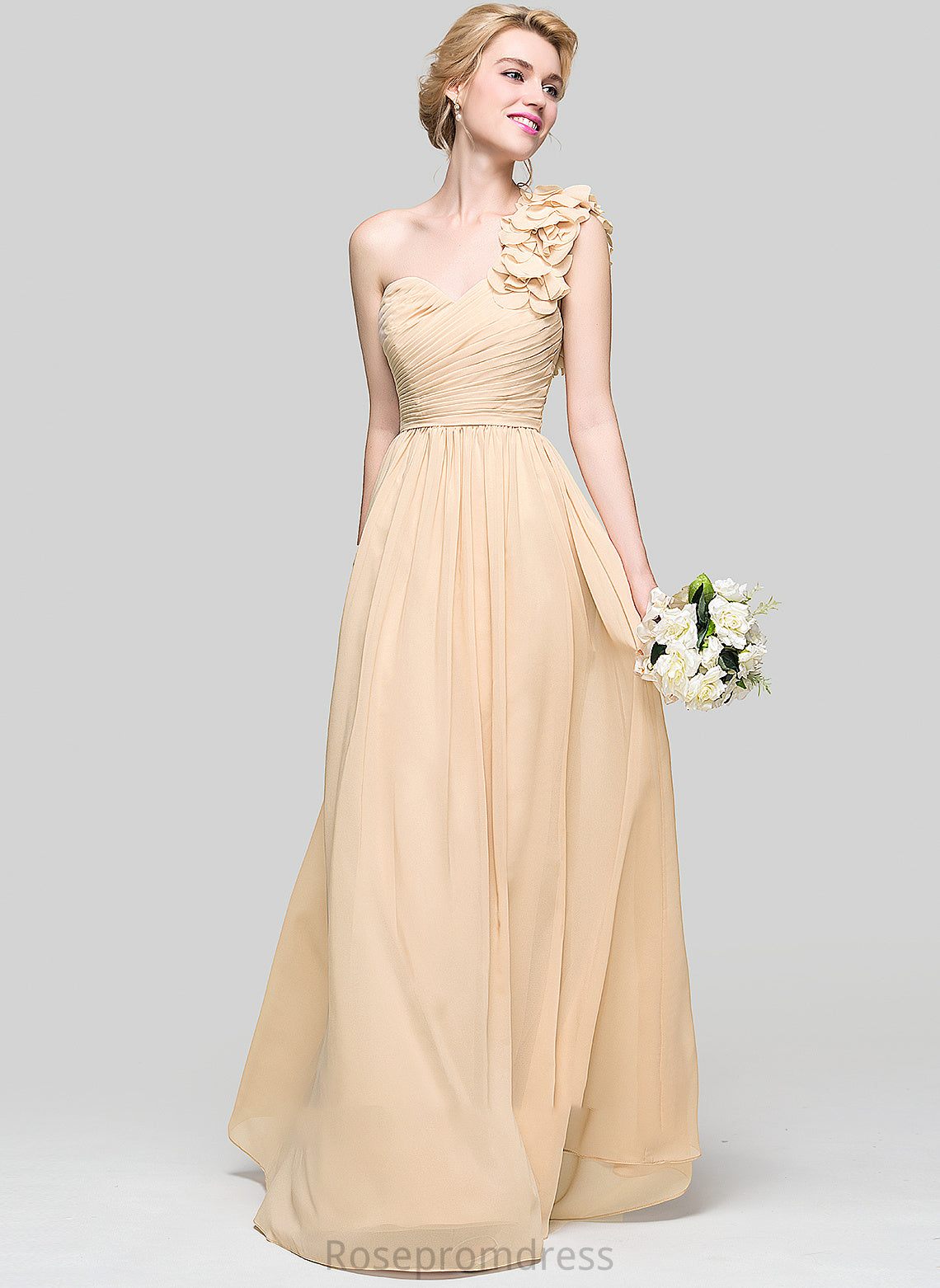Length Ruffle Silhouette A-Line One-Shoulder Embellishment Floor-Length Neckline Flower(s) Fabric Gill V-Neck Bridesmaid Dresses