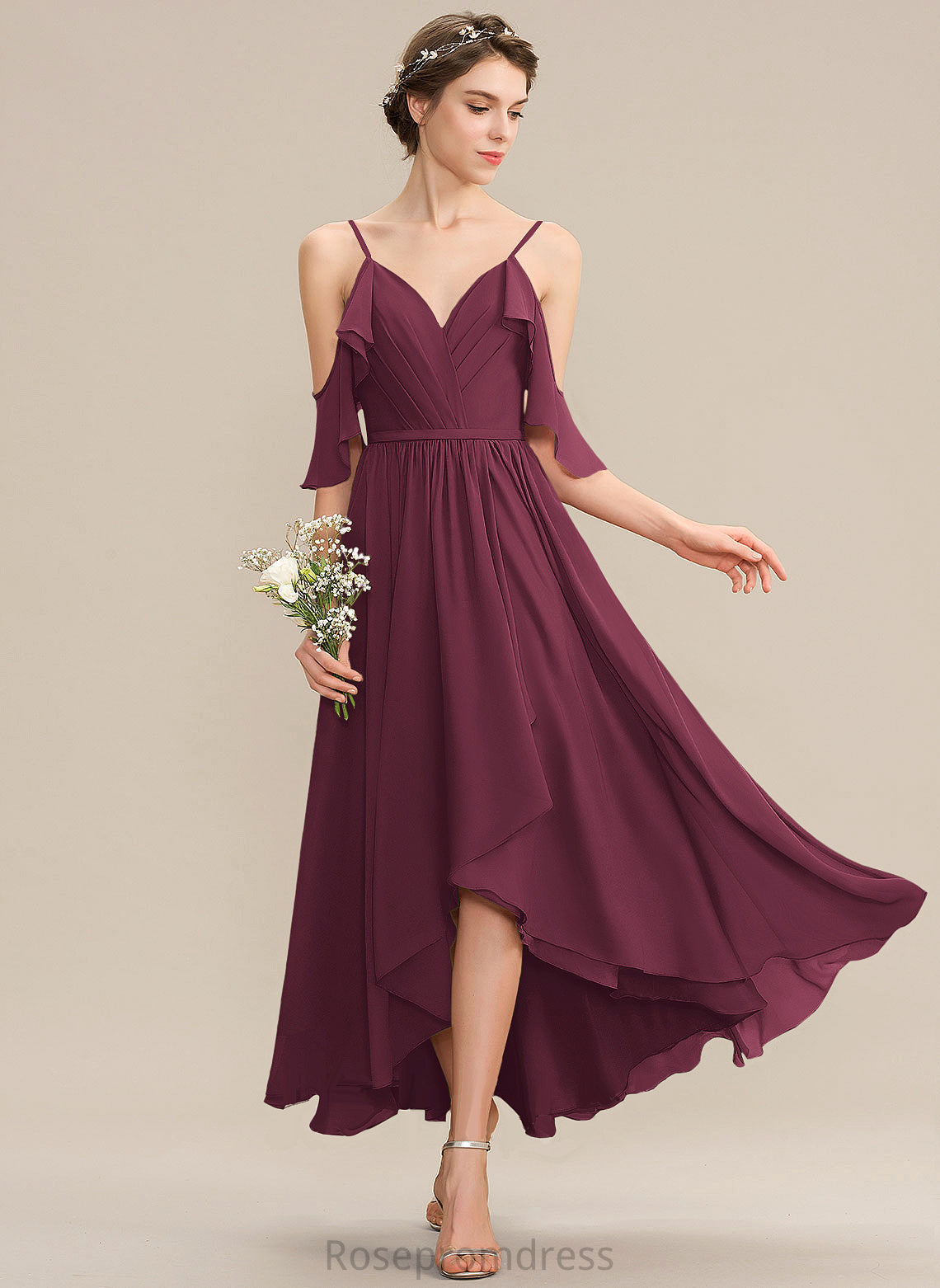 Length Asymmetrical Embellishment CascadingRuffles V-neck Silhouette Fabric Neckline A-Line Diya Bridesmaid Dresses