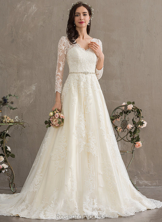 Beading Chapel Train Ball-Gown/Princess With Wedding Tulle Dress Makayla V-neck Sequins Wedding Dresses