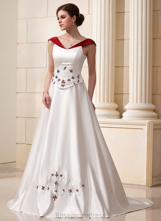 Karly Chapel With Wedding Dress Satin Ball-Gown/Princess Flower(s) Beading Train Wedding Dresses