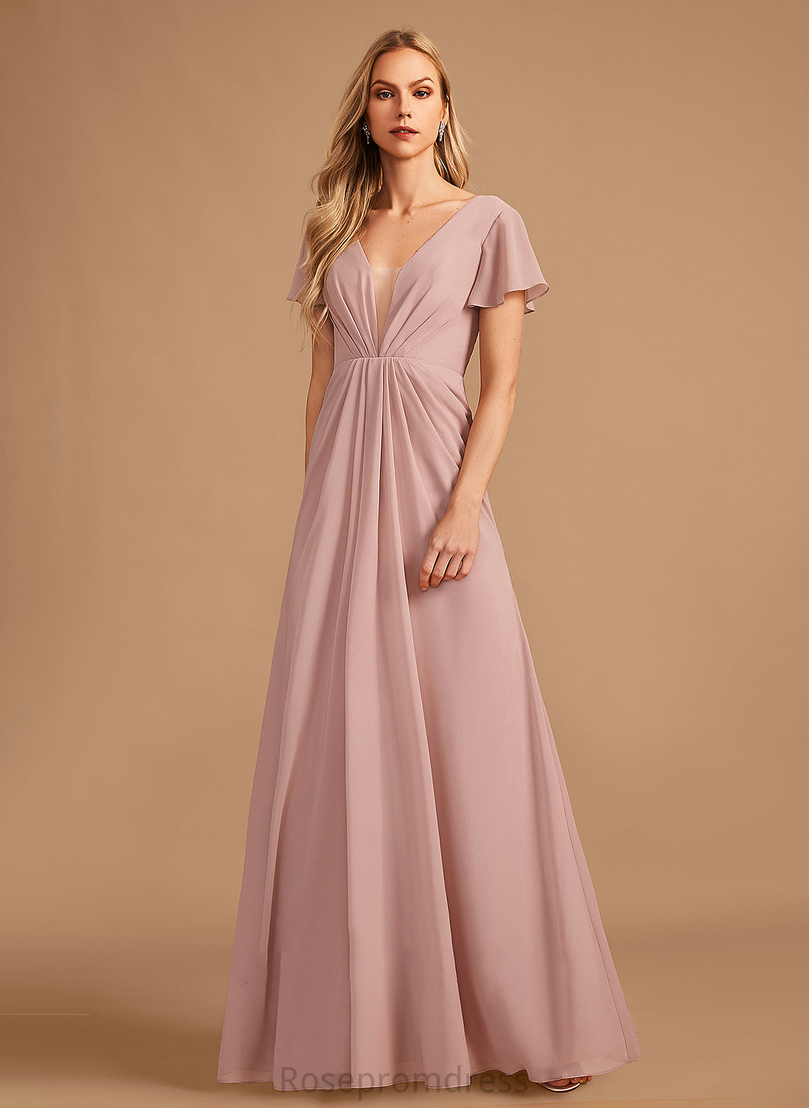 Silhouette Ruffle V-neck Neckline Fabric Embellishment Length A-Line Floor-Length Cameron Natural Waist Sleeveless Bridesmaid Dresses