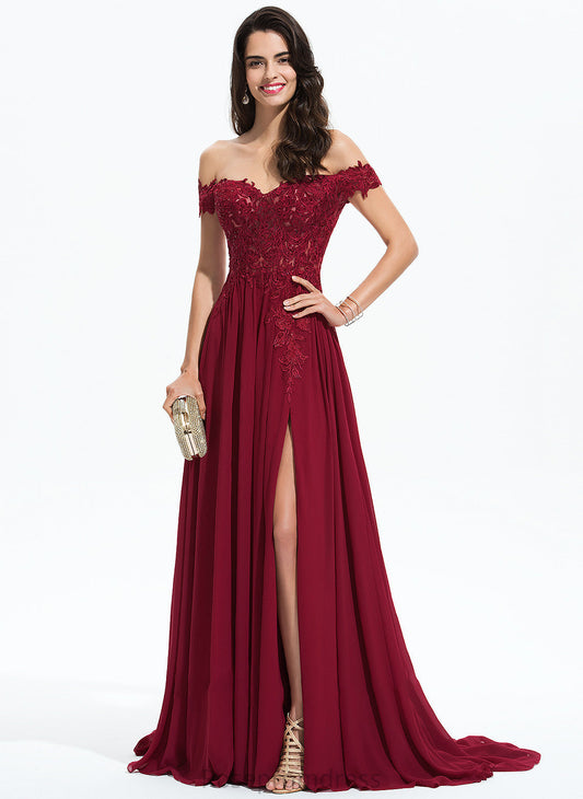 Off-the-Shoulder A-Line Prom Dresses Train Chiffon Lace Kaydence Sweep With Sequins