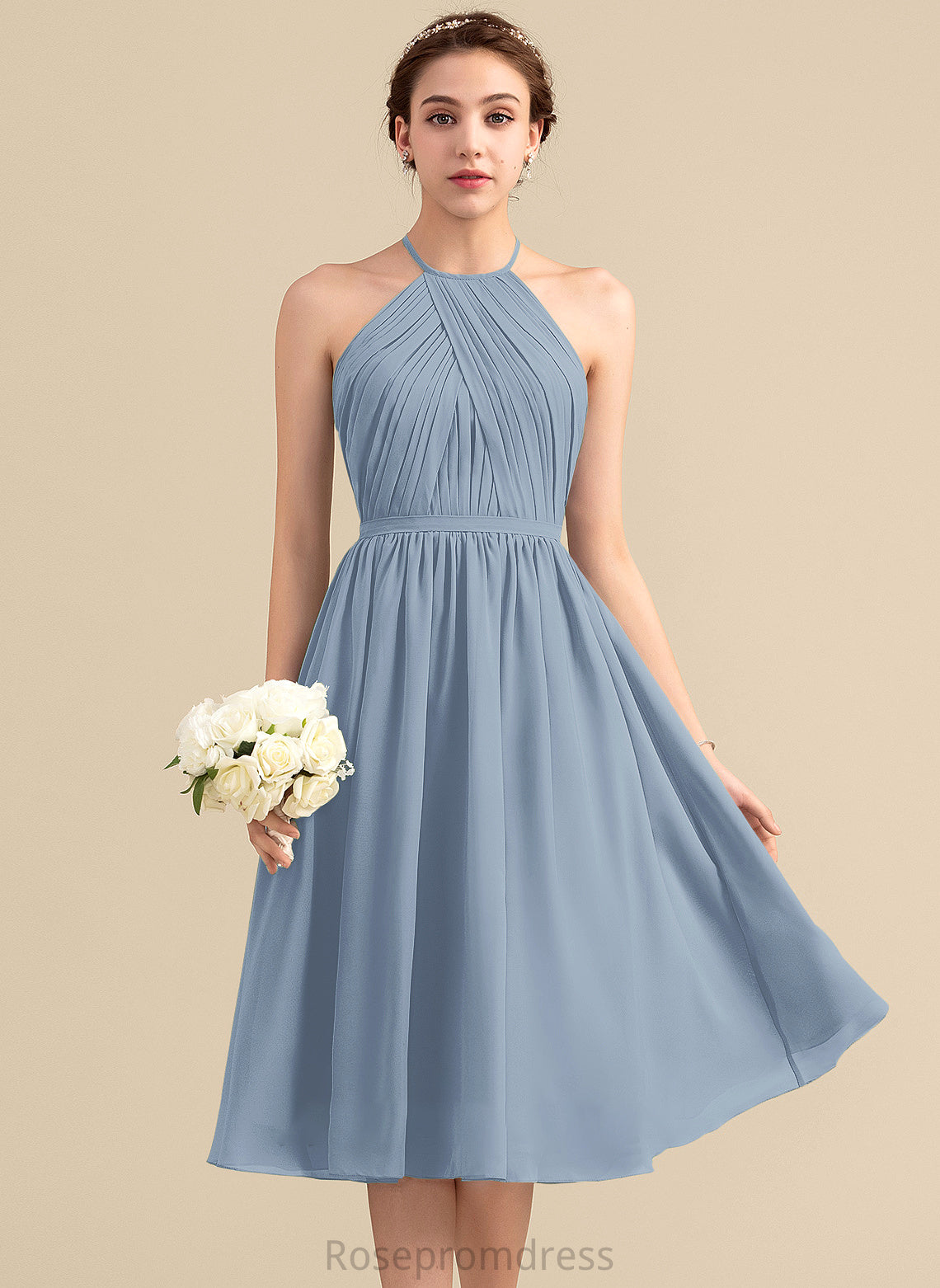 Ruffle Fabric Neckline Knee-Length Length Silhouette A-Line ScoopNeck Embellishment Kira Sleeveless Straps Bridesmaid Dresses