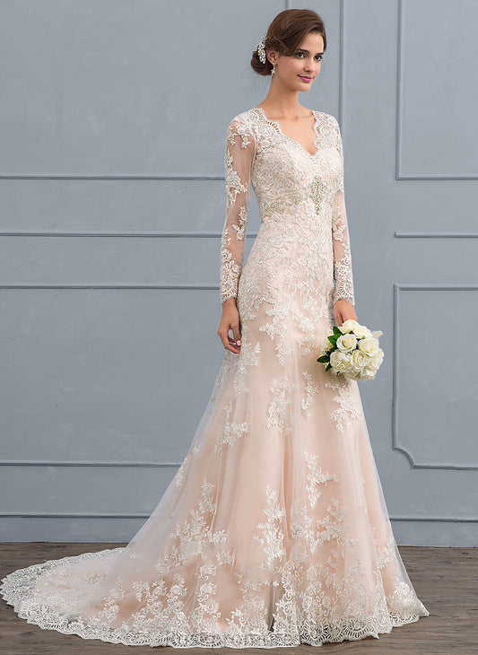 Dress Wedding Dresses V-neck Court Lace Trumpet/Mermaid Priscilla Train Wedding Tulle