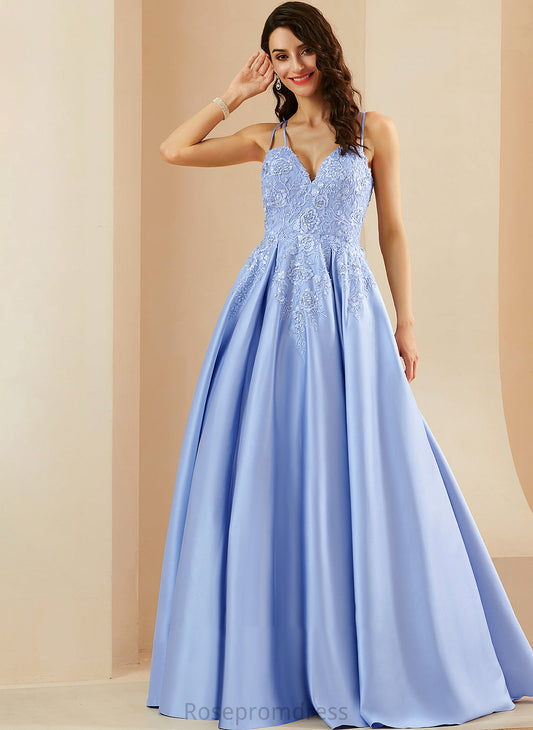 Satin Beading Ball-Gown/Princess Floor-Length Prom Dresses Ursula With Sequins V-neck