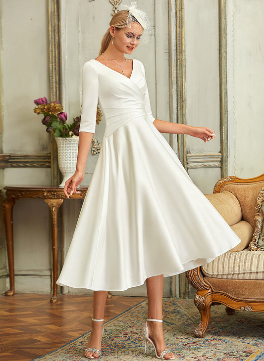 Marlee Satin Tea-Length V-neck Wedding Wedding Dresses Dress A-Line