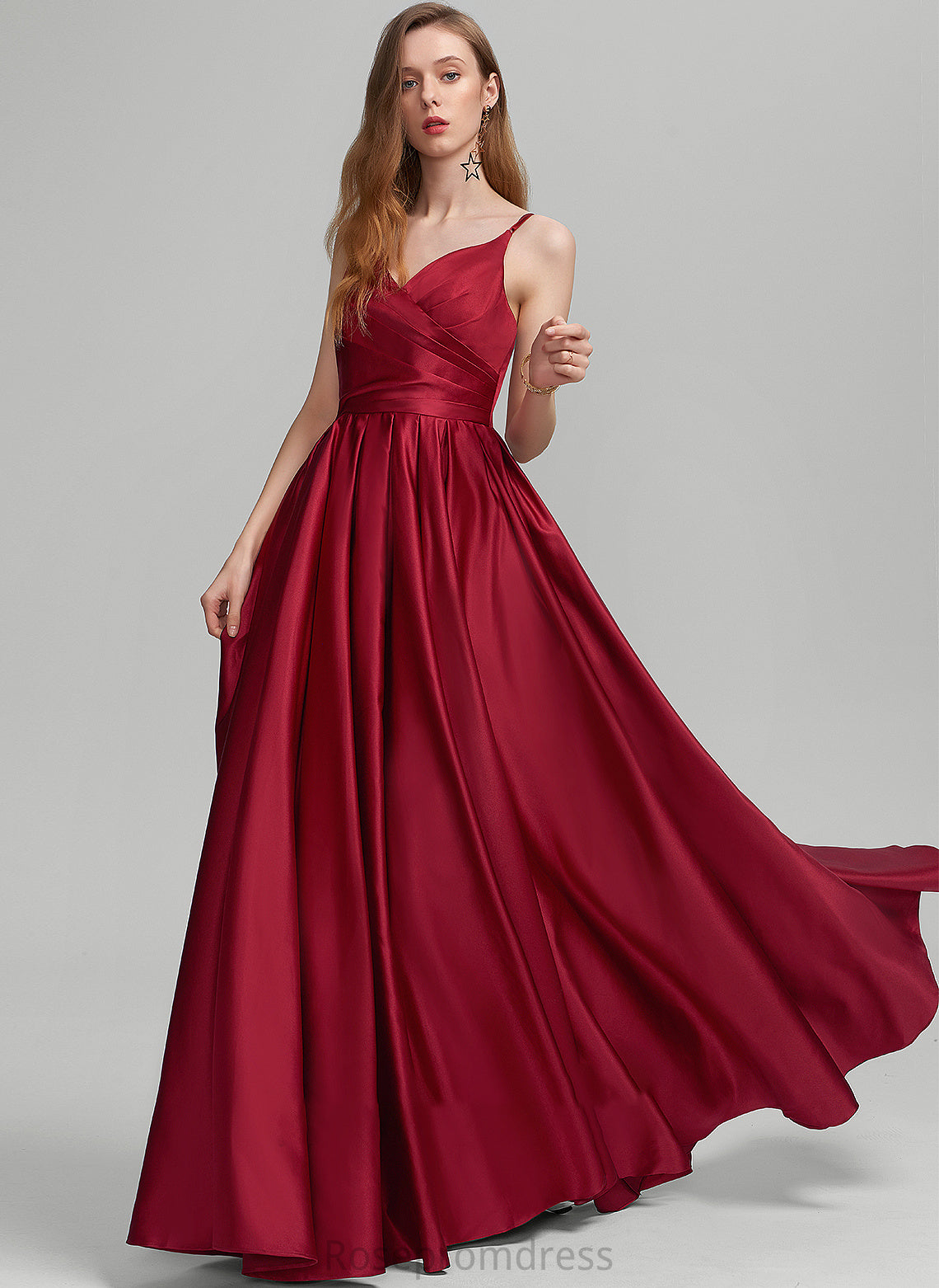 Satin Floor-Length Pockets Prom Dresses A-Line With Mckinley Ruffle V-neck