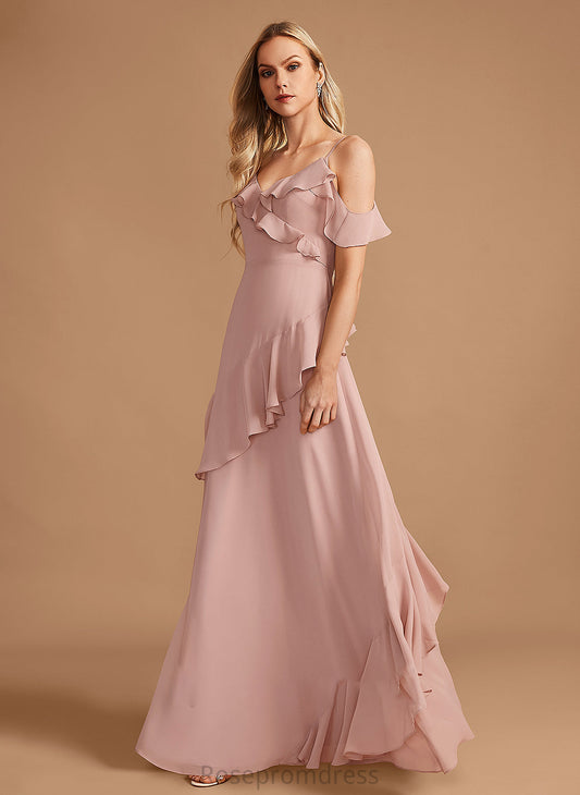 Floor-Length Embellishment V-neck A-Line Length Ruffle Fabric Silhouette Neckline Estrella Bridesmaid Dresses