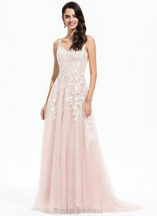 Ivy A-Line Wedding Dresses V-neck With Dress Train Sweep Wedding Tulle Lace