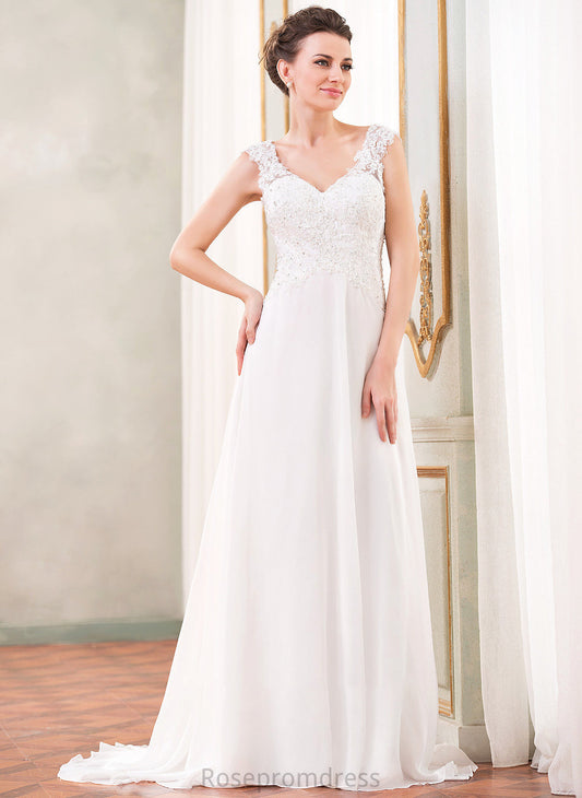 Emilee Wedding Dresses V-neck A-Line With Sweep Beading Wedding Train Lace Dress Sequins Chiffon