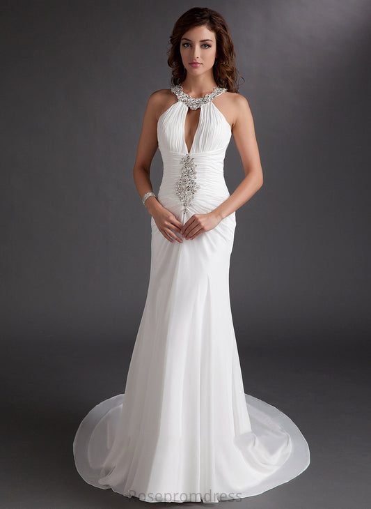 Neck Leslie Scoop Chiffon Prom Dresses Sequins Train Ruffle Beading With Chapel Trumpet/Mermaid