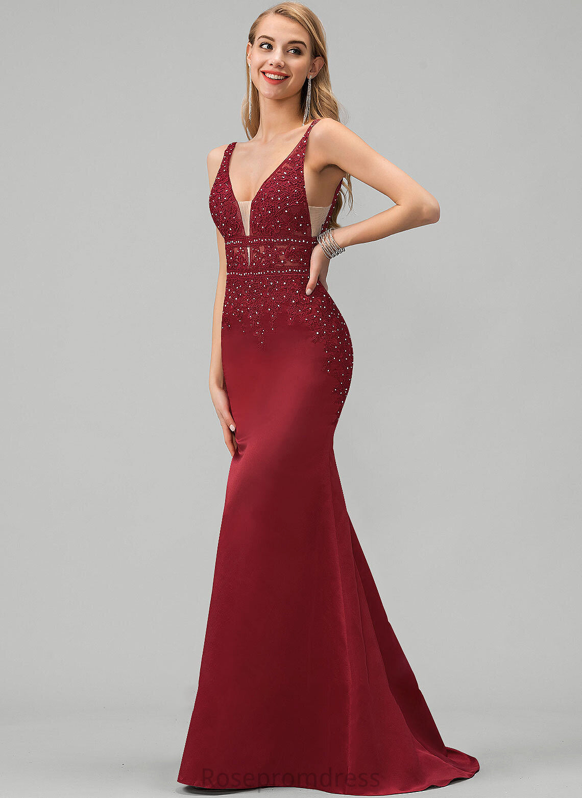 Sequins With Trumpet/Mermaid Prom Dresses Lace Beading Sweep V-neck Undine Train Satin