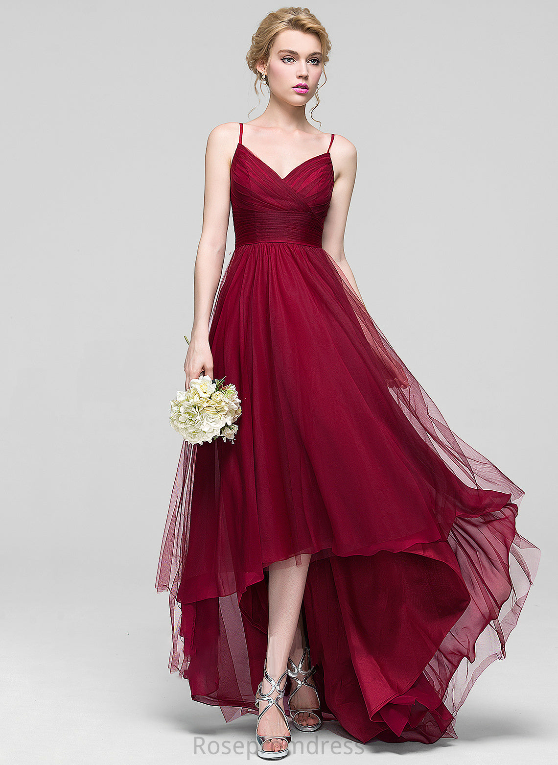 Silhouette Ruffle V-neck Fabric Embellishment Length Neckline A-Line Asymmetrical Aurora Bridesmaid Dresses