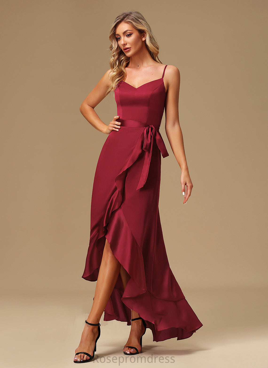 SplitFront A-Line Asymmetrical Neckline V-neck Silhouette Length Embellishment Fabric Kaley Natural Waist Spandex Bridesmaid Dresses