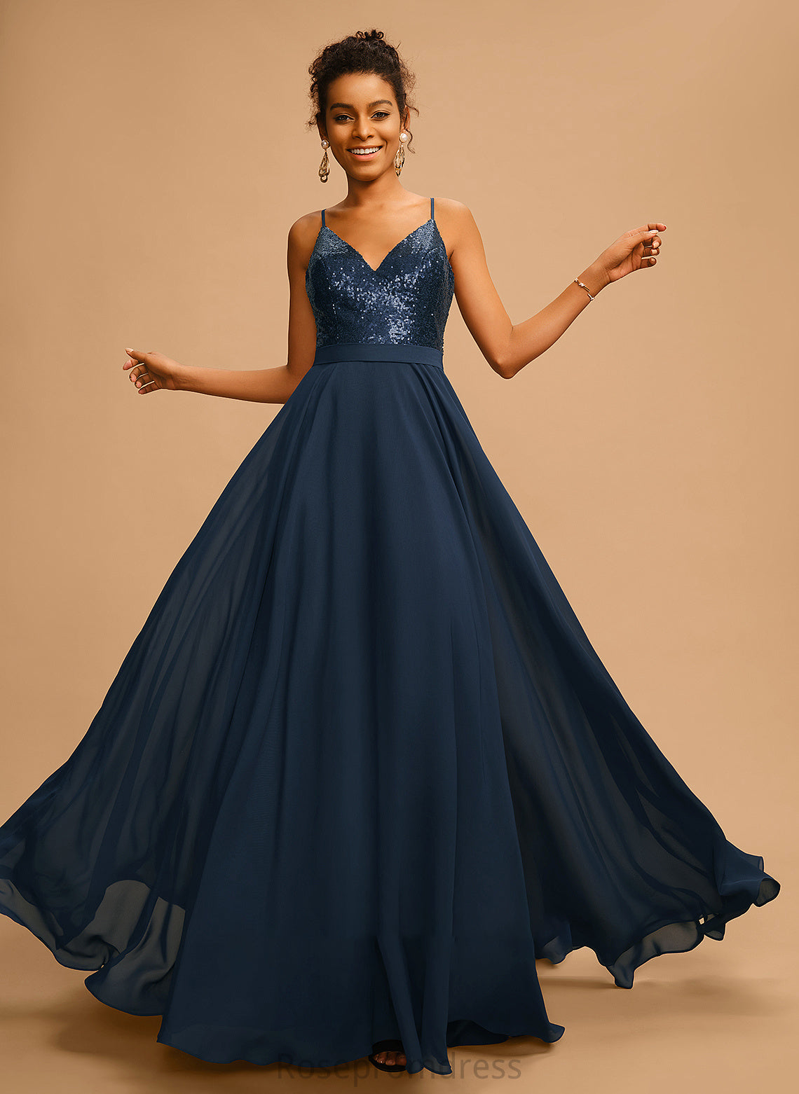 Sequins Floor-Length V-neck A-Line Prom Dresses Chiffon Charlotte With