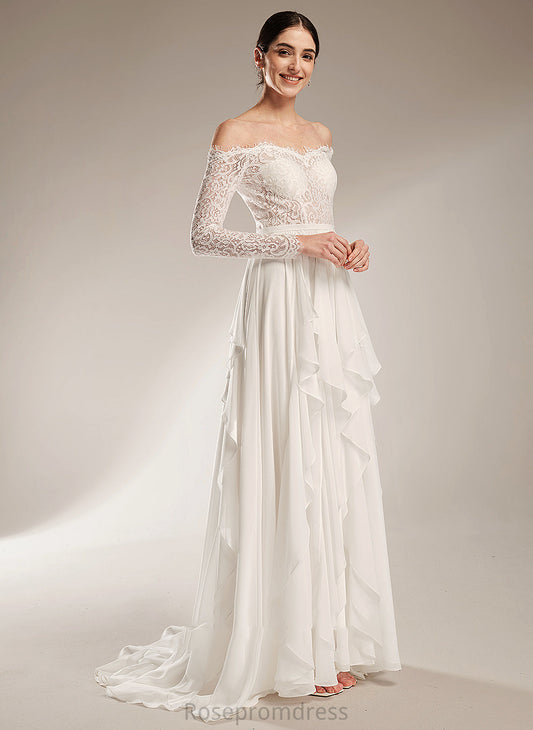 A-Line Off-the-Shoulder Wedding Dresses Ruffle With Train Wedding Nathalie Court Dress