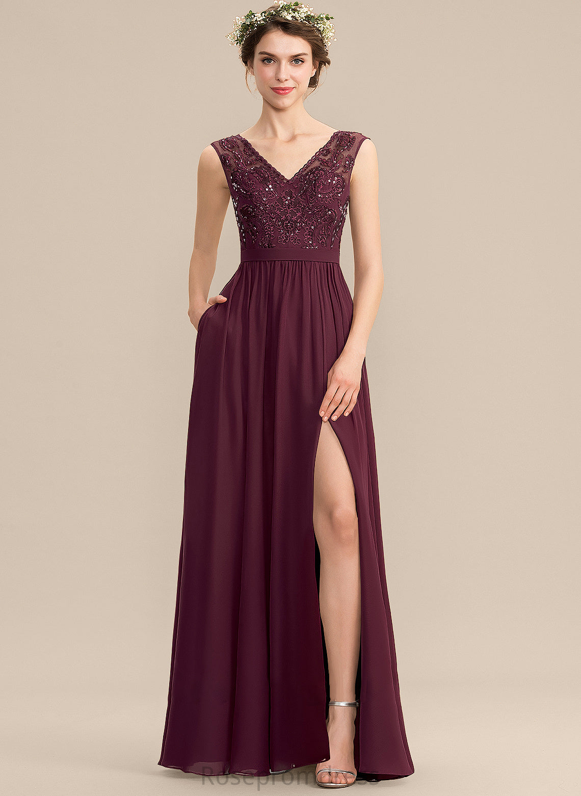 A-Line Silhouette SplitFront Embellishment Length Sequins V-neck Pockets Neckline Beading Floor-Length Fabric Bridesmaid Dresses
