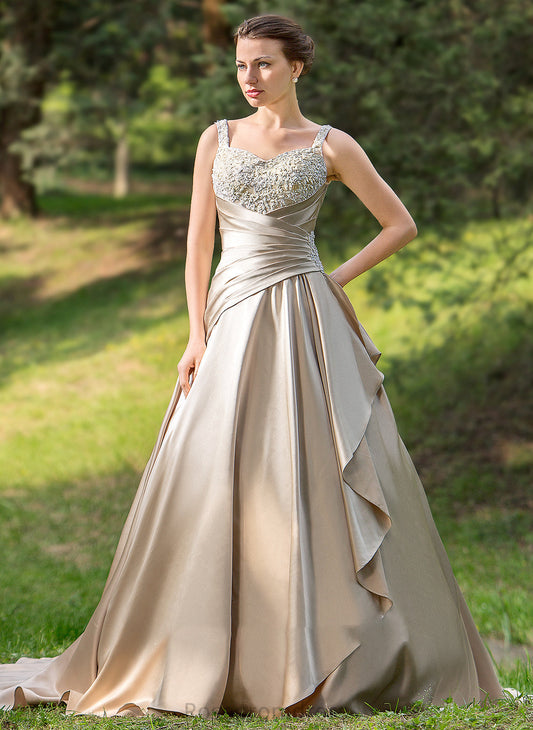 Court Satin Tiana Wedding Cascading Ball-Gown/Princess Sweetheart Dress Ruffle Wedding Dresses Ruffles Train Appliques Beading With Lace