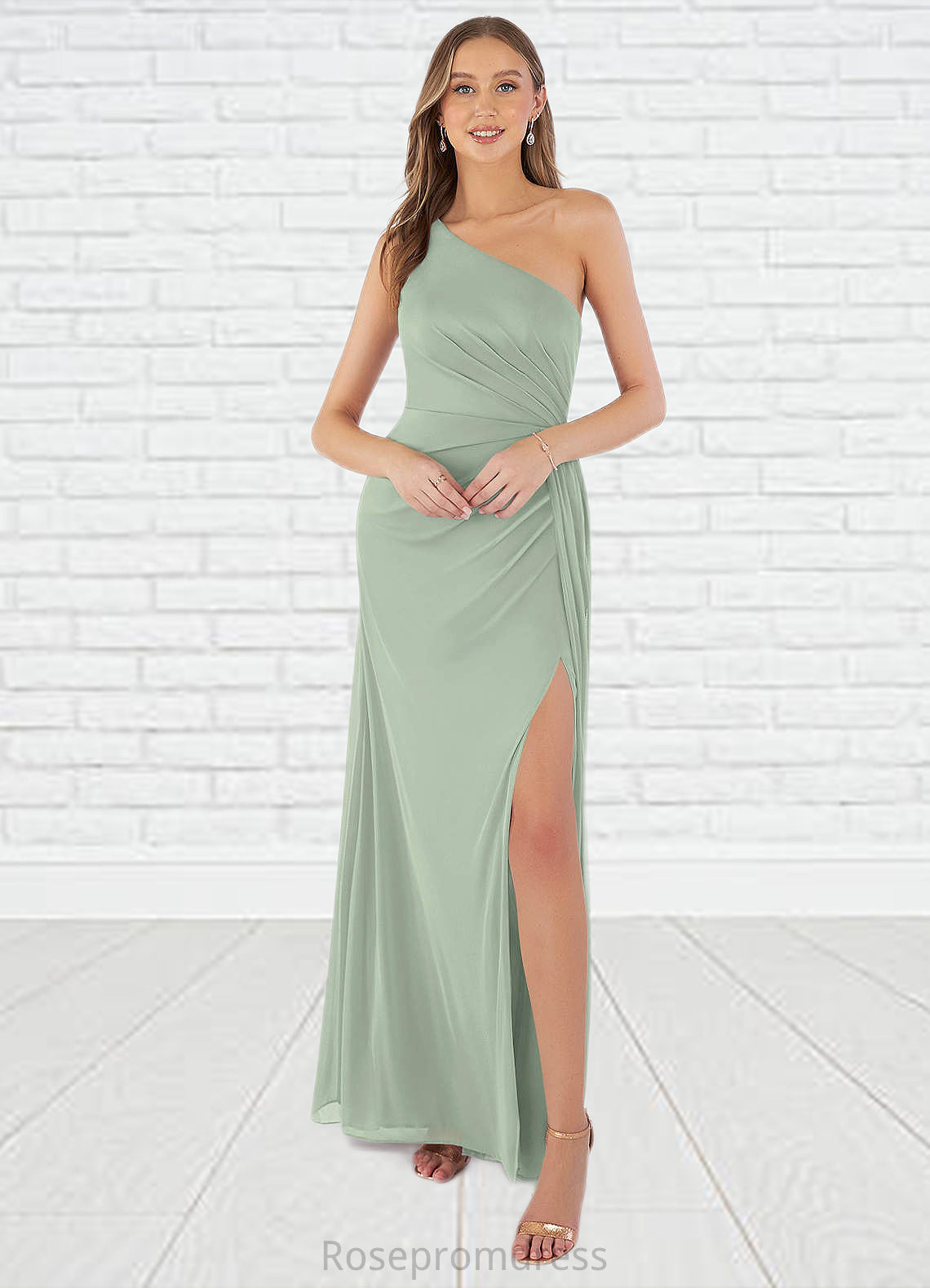 Sherry Sheath One Shoulder Mesh Floor-Length Dress SRSP0019635