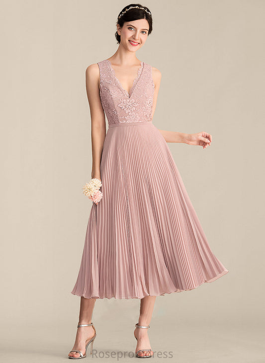 V-neck A-Line Fabric Pleated Neckline Silhouette Tea-Length Embellishment Length Destinee A-Line/Princess Sleeveless Bridesmaid Dresses