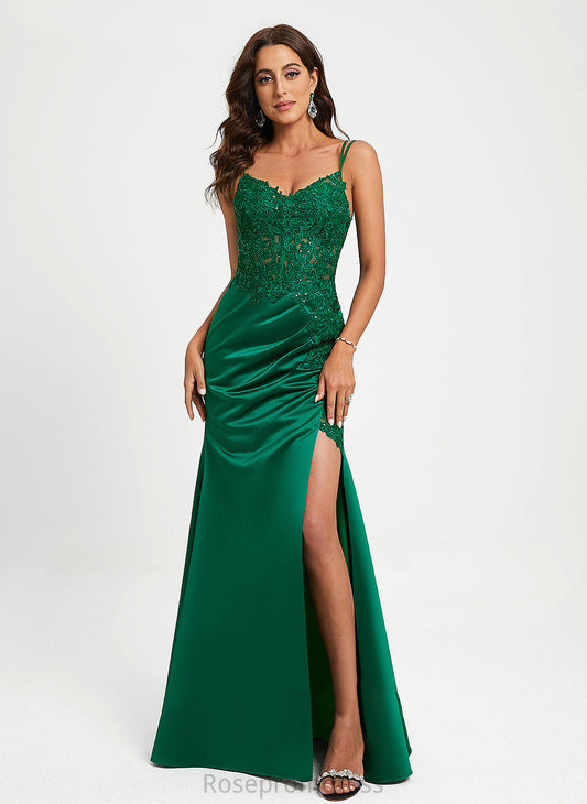 Savanah Sheath/Column Lace V-neck Satin Floor-Length Prom Dresses Sequins With