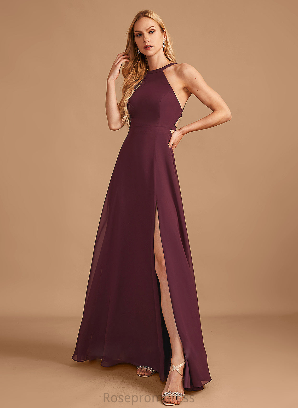 Silhouette Embellishment Fabric Neckline SplitFront Floor-Length Length HighNeck A-Line Damaris Bridesmaid Dresses