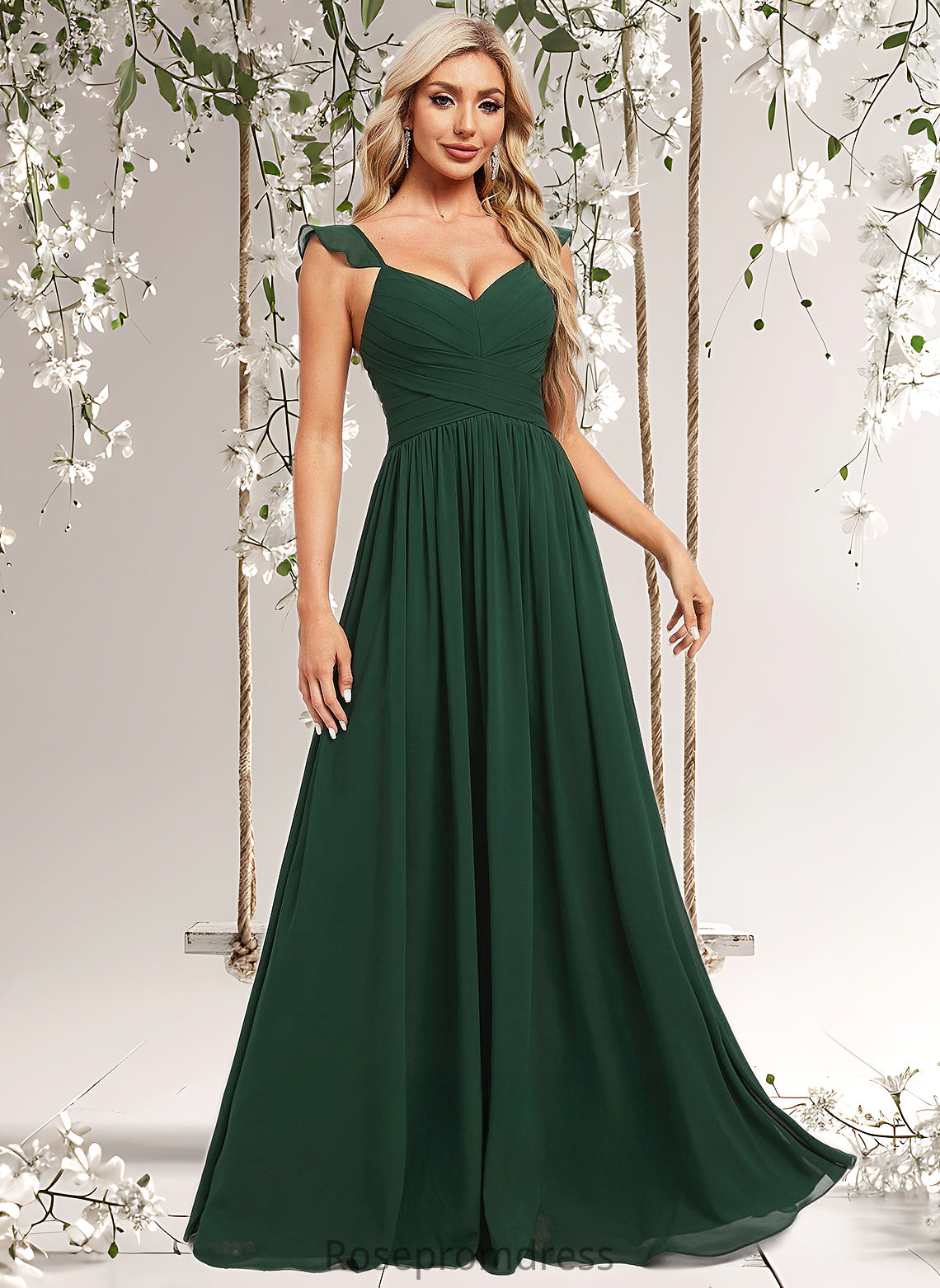 Coral A-line V-Neck Floor-Length Chiffon Bridesmaid Dress With Ruffle DSP0025811