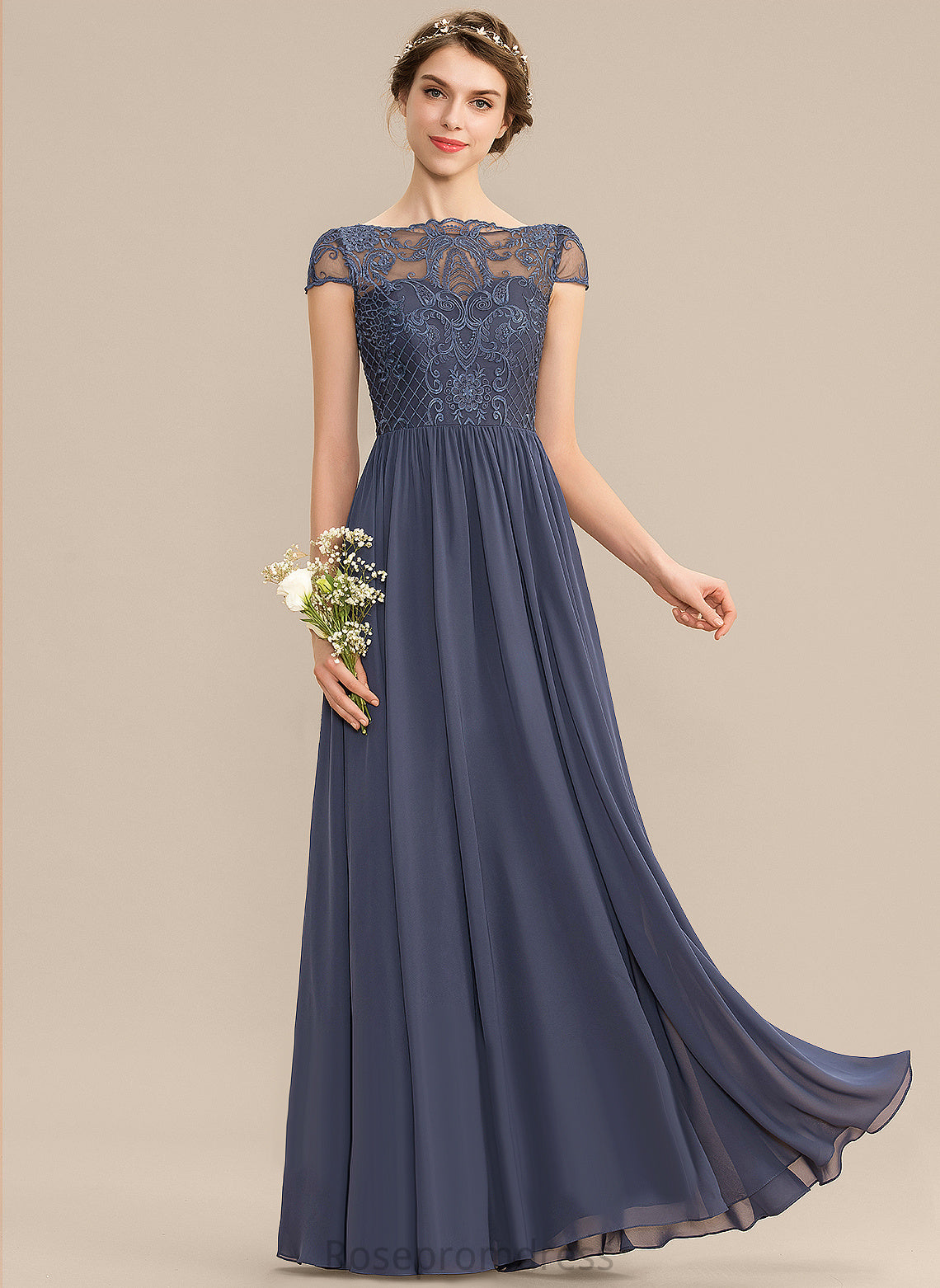 Length Fabric Neckline Silhouette A-line Lace Scoop Straps&Sleeves Floor-Length Allie Natural Waist Short Sleeves Bridesmaid Dresses
