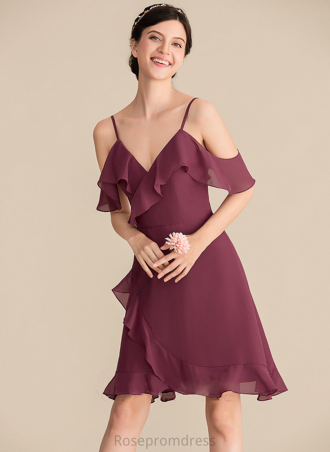 Embellishment Silhouette Knee-Length V-neck Fabric CascadingRuffles Length Neckline A-Line Breanna Bridesmaid Dresses