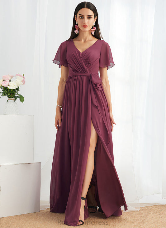 SplitFront Neckline Fabric Floor-Length Length Silhouette V-neck Embellishment A-Line Luna Bridesmaid Dresses