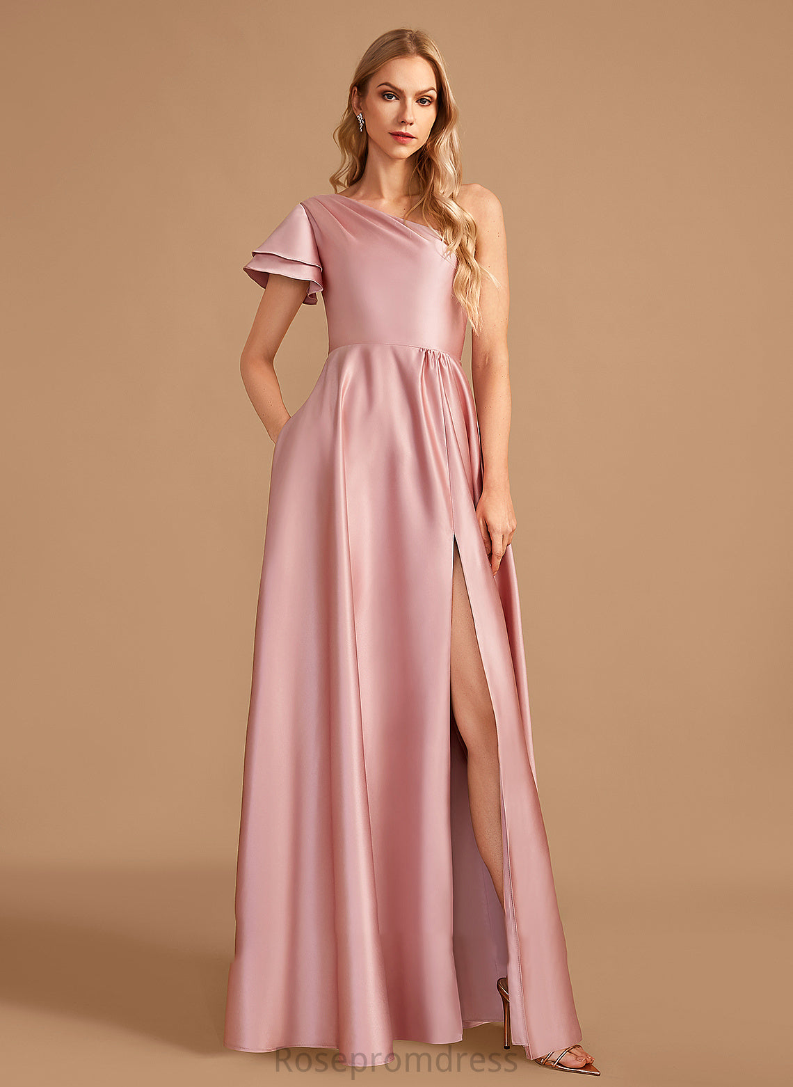 Neckline Embellishment SplitFront Length Fabric Silhouette Floor-Length A-Line One-Shoulder Kara Natural Waist Floor Length Bridesmaid Dresses
