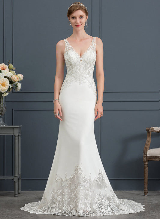 Court Trumpet/Mermaid Crepe Wedding Dresses Dress V-neck Train Stretch Wedding Addyson